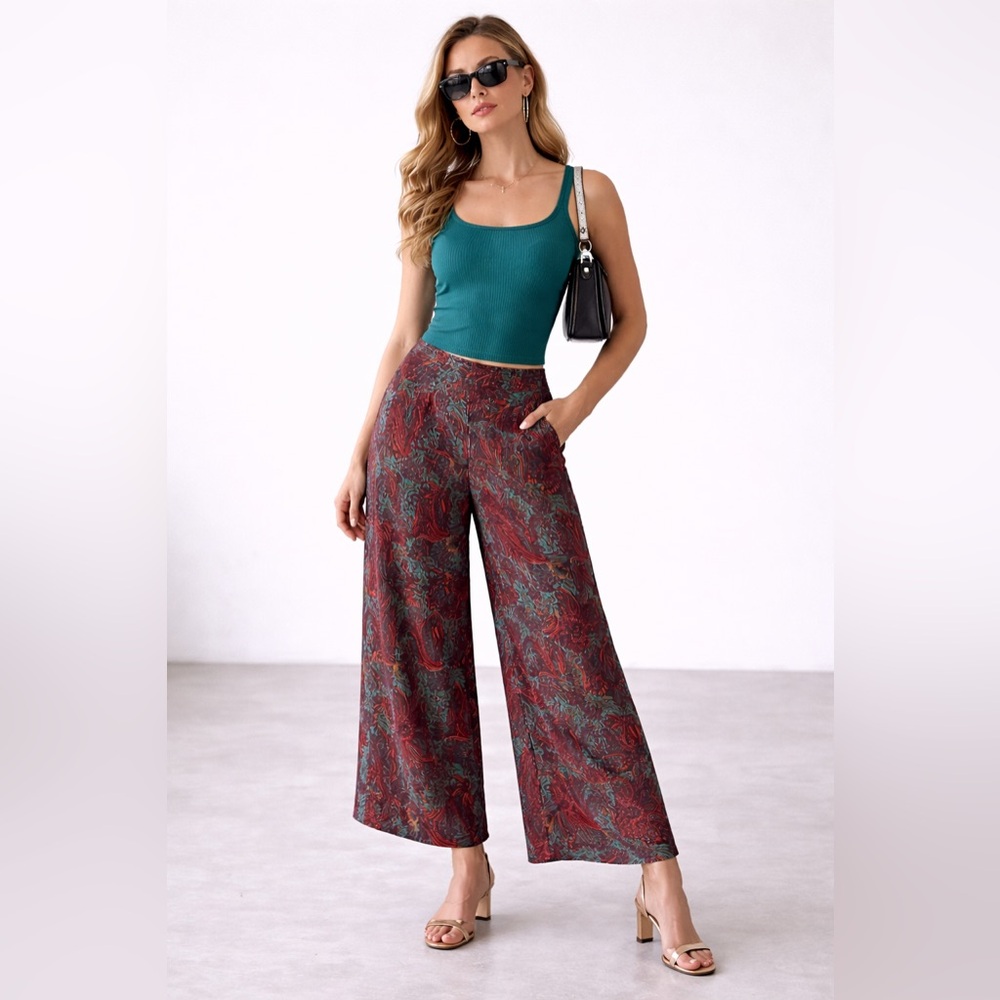 Silk Paisley Wide Leg Pants 70% Silk Boho Statement Trousers